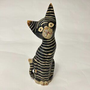 Vintage Hand Painted Wooden Striped Tab Cat Figurine Folk Art Decor 9.5"